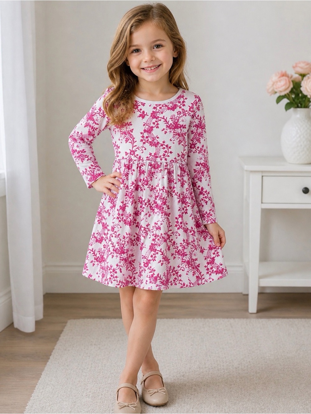 Lands’ End Girls Pink Floral Long Sleeve Cotton Dress 5 Preppy Comfy Church